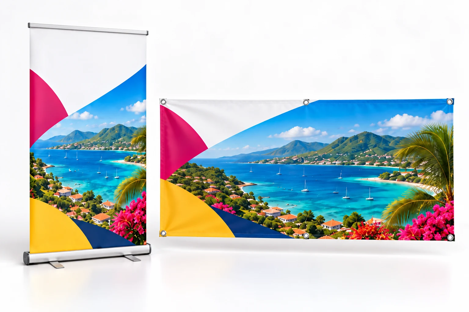 Roll-up vertical et banderole horizontale à œillets, avec des visuels tropicaux et des accents magenta, bleu et jaune