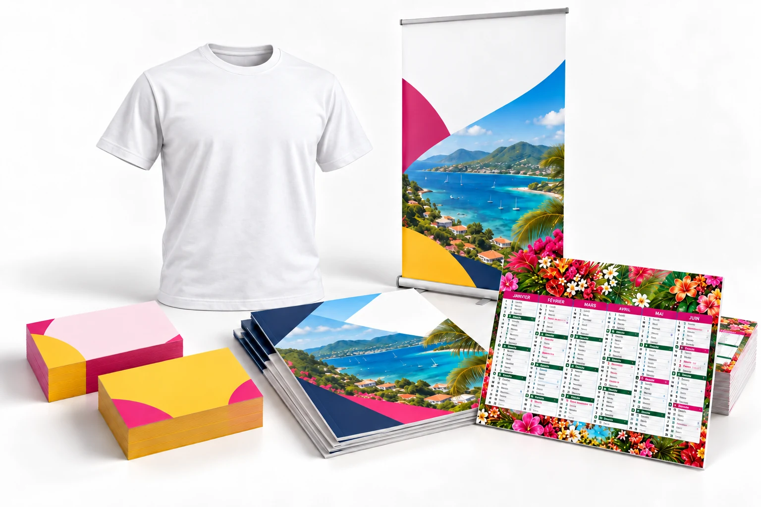 Exemples de supports personnalisés ZEPUB : T-shirt blanc, cartes de visite, brochures, roll-up et calendrier